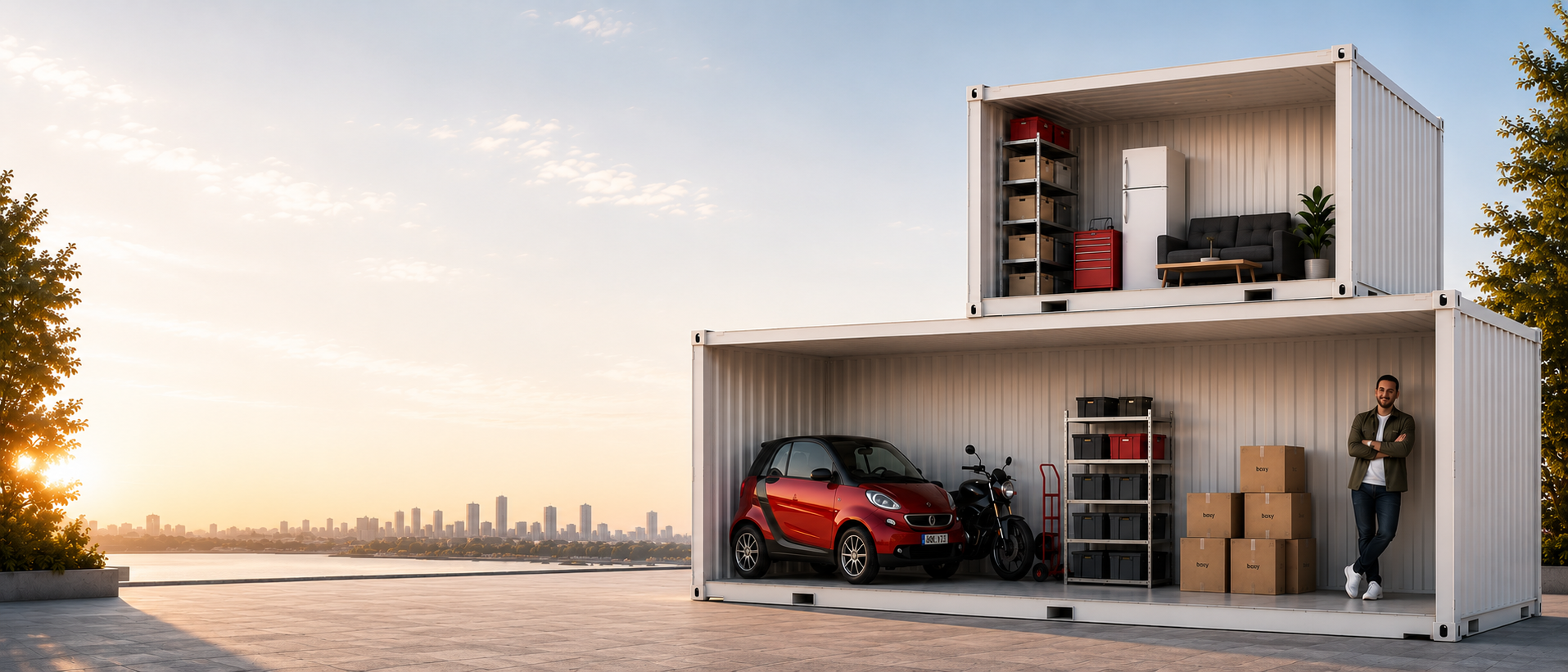 Boxy Lagercontainer – innen mit Auto, Motorrad, Kartons und Möbeln