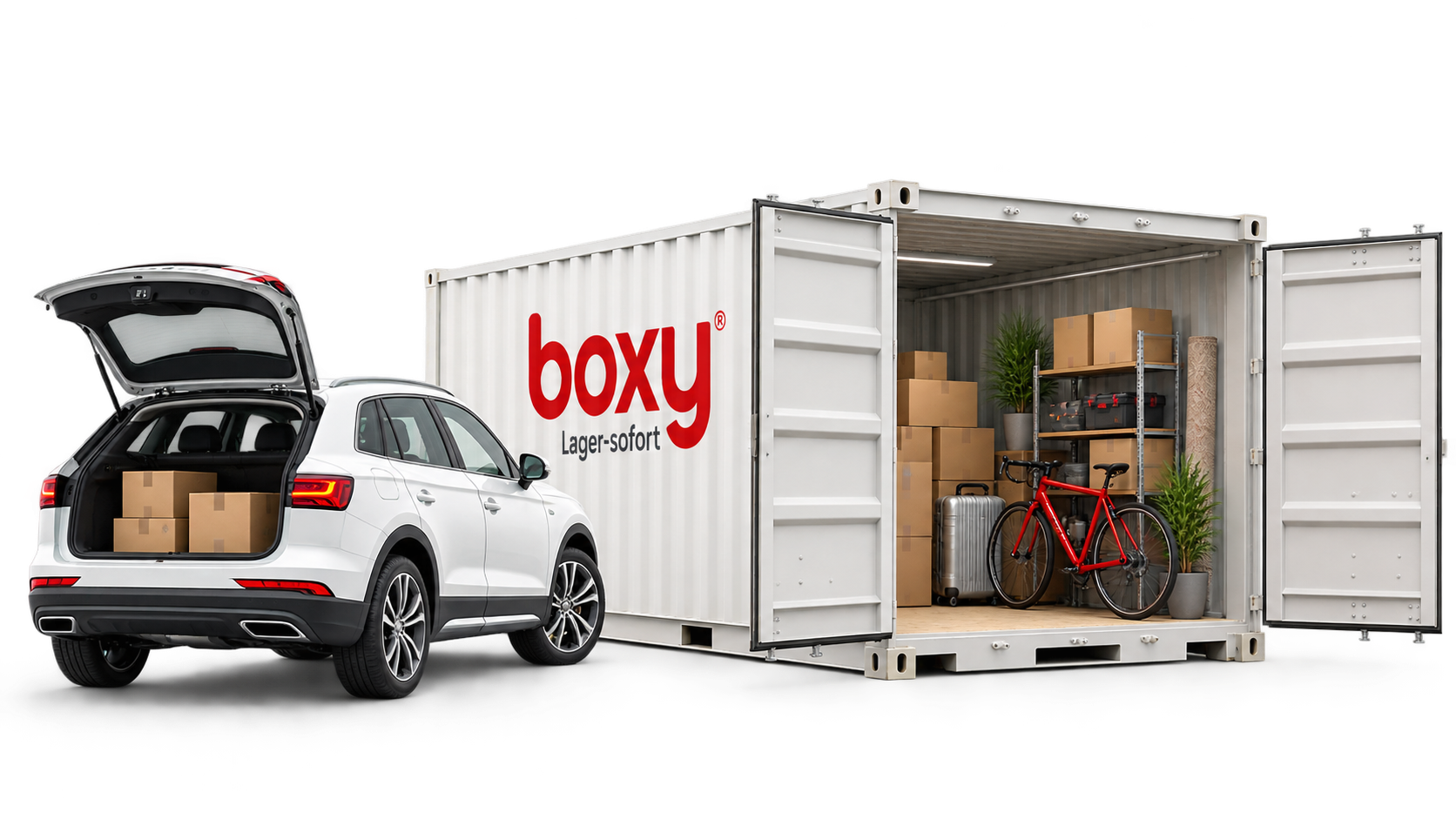 Weißer SUV mit geöffnetem Kofferraum voller Kartons neben einem offenen Boxy Lagercontainer